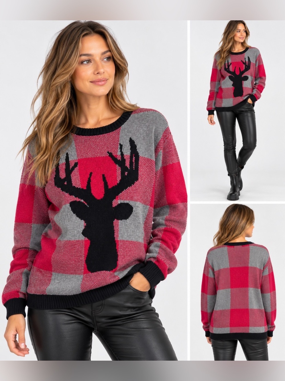 Aspen Red Gray Plaid Deer Sweater Crewneck Size L